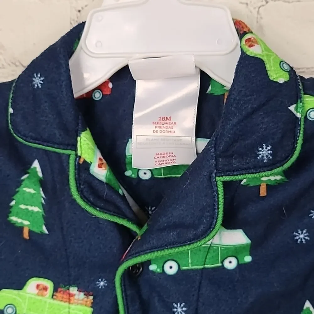 Christmas Navy Blue Car/Trucks Flannel Pajamas Baby 18M Matching PJs Sleep Set